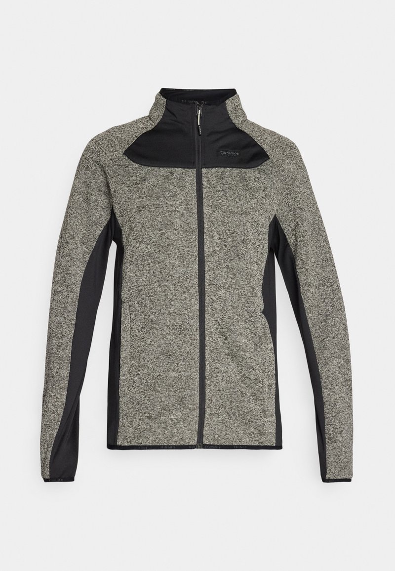 Męska kurtka na zamek błyskawiczny z szarym dzianinowym korpusem, czarnymi panelami na ramionach i rękawach oraz stójką.