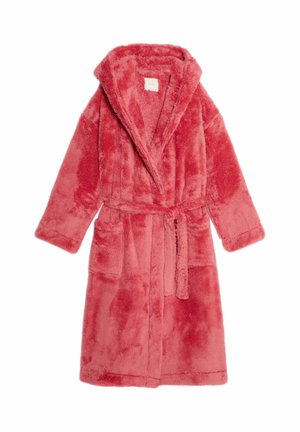 Faux-Fur-Roben in einem lebhaften Korallenfarbton, mit einem Schalkragen, langen Ärmeln, einem Taillengurt und zwei Vordertaschen für zusätzlichen Komfort.