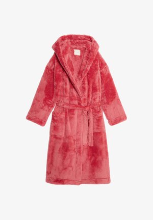 Faux fur badjas in een levendige koraalkleur, met een sjawlboord, lange mouwen, een tailleband en twee voorzakken voor extra comfort.