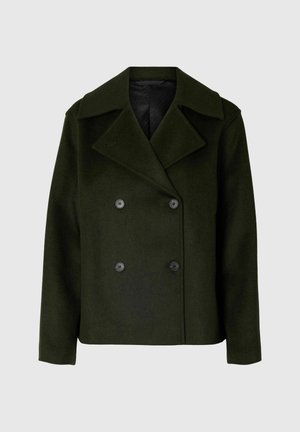 Cappotto peacoat in misto lana verde oliva con design doppiopetto, ampi revers e bottoni neri. Presenta una fodera interna liscia.