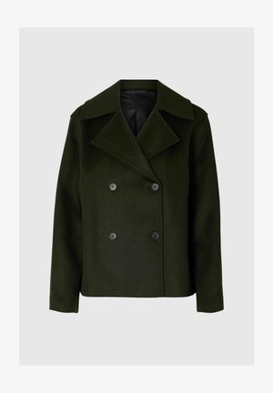 Olijfgroene wollen blend peacoat met een dubbelgebreid ontwerp, brede revers en zwarte knopen. Voorzien van een soepele binnenvoering.