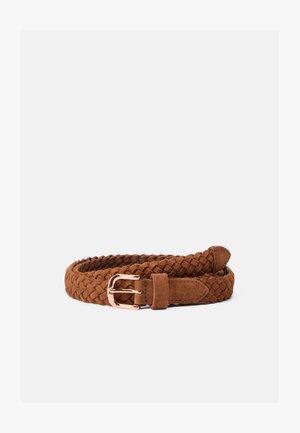 Bruine gevlochten suède riem met een gladde afwerking, voorzien van een roségouden metalen gesp en een verstelbare band voor een veilige pasvorm.