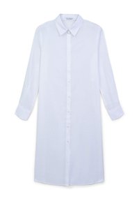 Camicia bianca a maniche lunghe con colletto, chiusura frontale con bottoni e taglio dritto. Realizzata in tessuto leggero con una superficie liscia.
