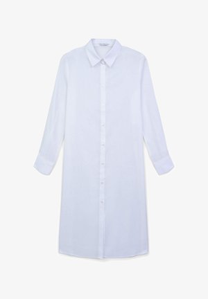 Weißes Langarmhemd mit Kragen, Knopfleiste und geradem Schnitt. Aus leichtem Stoff mit glatter Textur gefertigt.