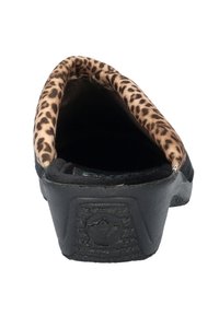 Schwarzer Slipper mit gepolstertem Kragen im Leopardenmuster, strukturiertem Gummisole und einem geschwungenen Rücken-Design für zusätzlichen Komfort.