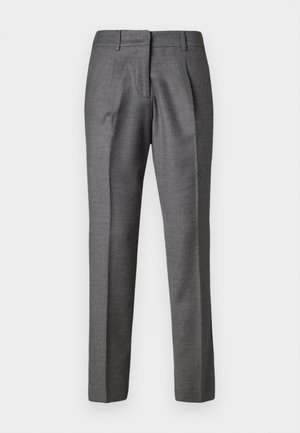 Calças cinzas ajustadas com uma textura suave, dois pregas frontais e um design slim-fit. Apresenta um cós padrão e corte reto.