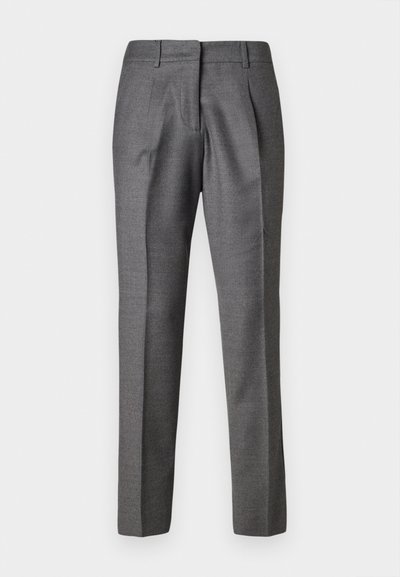 Sive krojak hlače s glatkom teksturom, dva prednja nabora i slim-fit krojem. Imaju standardni pojas i ravni kroj nogavica.