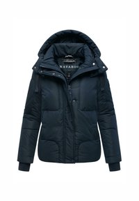Navy puffer jacket with a hood, zipper closure, and two front pockets. Features ribbed cuffs and a quilted texture throughout.