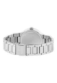 Srebrny zegarek ze stali nierdzewnej z bransoletą na ogniwa, okrągłą kopertą i koronką. Tył jest gładki z wygrawerowanymi danymi producenta.