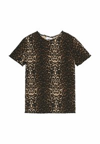 Leopardų rašto marškiniai, pagaminti iš minkštos medžiagos, su apvaliu kaklu, trumpomis rankovėmis ir tekstūruotu paviršiumi, rudų, juodų ir kreminių spalvų.