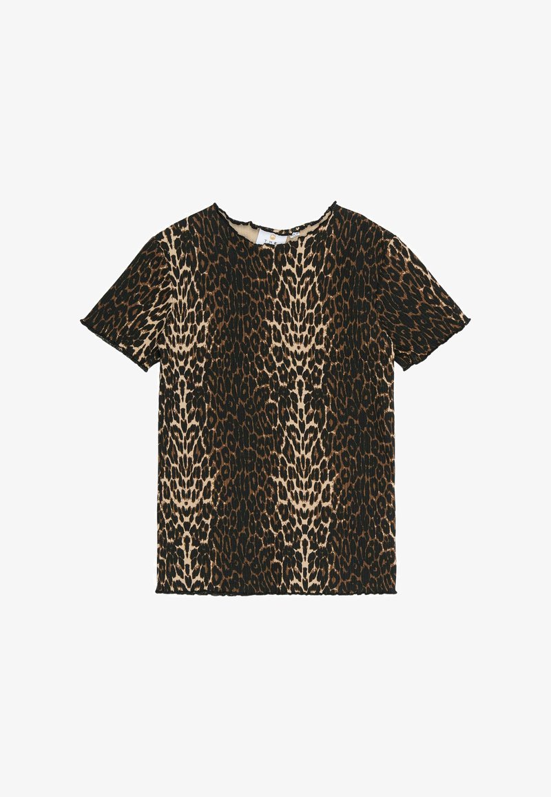 Leopardų rašto marškiniai, pagaminti iš minkštos medžiagos, su apvaliu kaklu, trumpomis rankovėmis ir tekstūruotu paviršiumi, rudų, juodų ir kreminių spalvų.