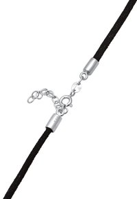 Black suede necklace with silver metal accents and a lobster clasp. Features an adjustable chain with a smooth texture and sleek design.