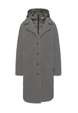 Grijze fleece jas met een gewatteerde, afneembare capuchon. Beschikt over een knoopsluiting, twee zijzakken en een zachte, gestructureerde oppervlakte.
