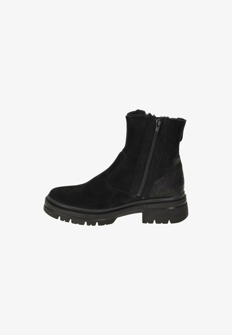 Schwarze Knöchelstiefel aus Wildleder, mit einem seitlichen Reißverschluss, texturiertem Rückenpaneel, dicker Sohle und gerundetem Zehenbereich, ausgestattet mit einem weichen Futter.