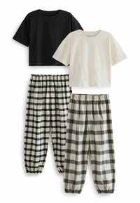 Zwei kurz geschnittene T-Shirts in Schwarz und Creme, kombiniert mit zwei Sätzen von karierten Hosen in Schwarz und Creme, die elastische Bündchen und Taillenbünde haben.