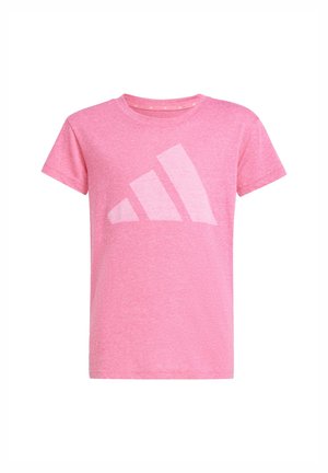 Rosa Baumwoll-T-Shirt mit kurzen Ärmeln, das ein großes weißes Adidas-Logo-Design auf der Vorderseite zeigt. Klassischer Rundhalsausschnitt.