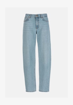 Hellblaue Jeans mit geradem Bein und hoher Taille, vorne mit Knöpfen, Reißverschluss und einem Fünf-Taschen-Design vor einfachem Hintergrund.