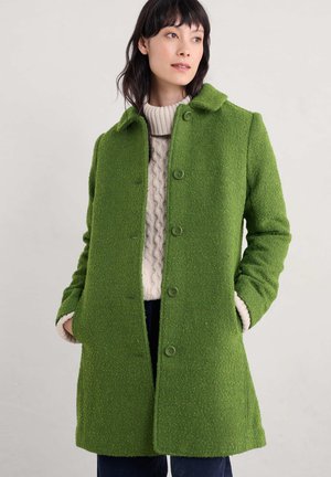 Green wool blend coat with button closure, collared neck, and textured finish. Features side pockets and a relaxed fit.