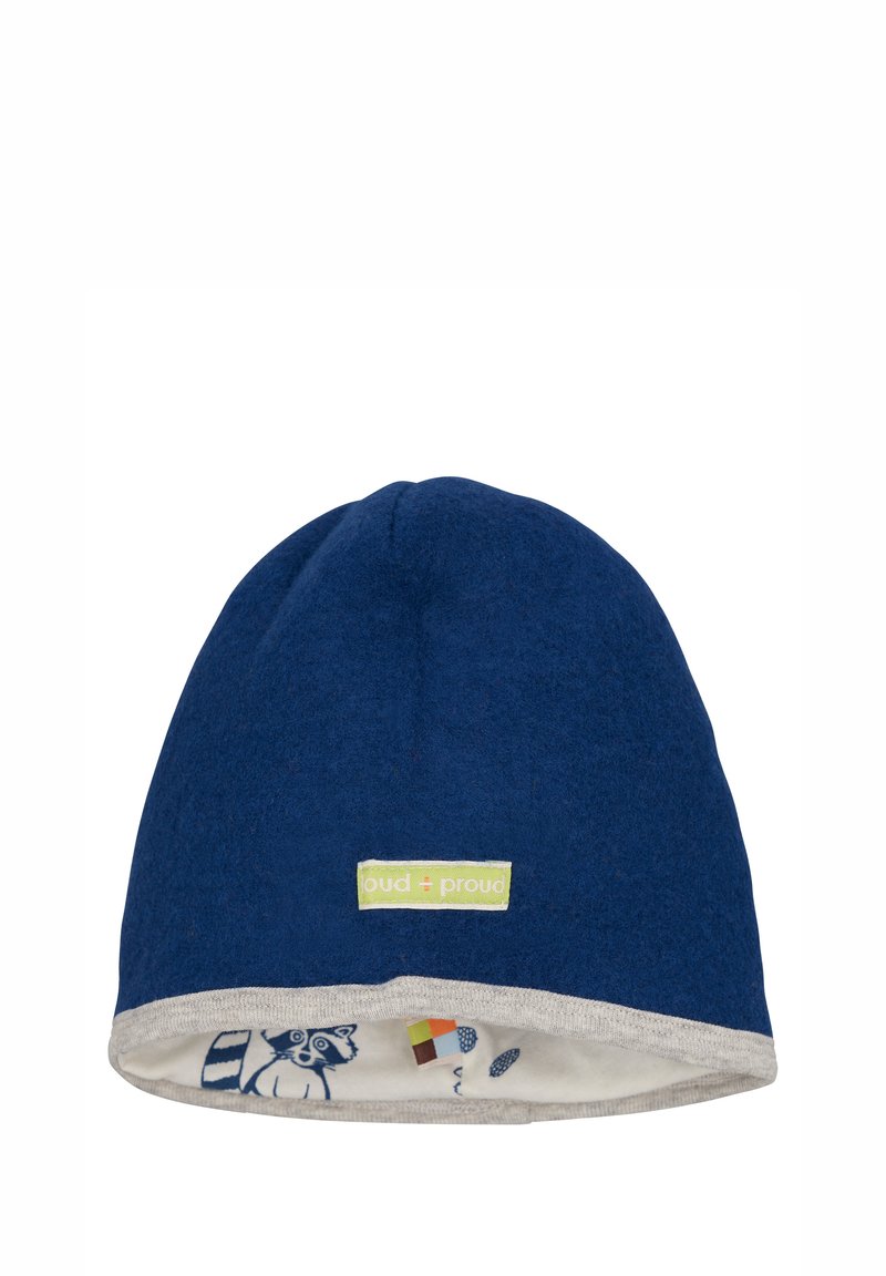 Beanie blu navy realizzato in morbido tessuto con risvolto grigio, caratterizzato da una stampa di procione giocosa all'interno e una piccola etichetta logo verde.