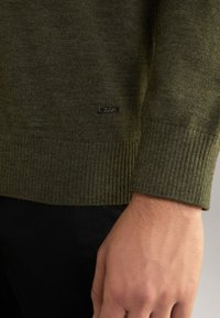 Green knitted sweater with ribbed cuffs and hem, featuring a small black label on the bottom left side. Soft texture, fitted design.