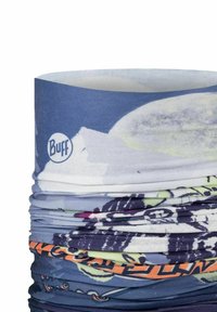 Pañuelo tubular multifuncional con patrones de luna y montaña en azul y blanco; hecho de tela ligera y elástica; con la marca "Buff."