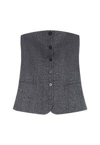 Top strapless grigio a spina di pesce con design aderente, cinque bottoni frontali e due tasche inserite sui lati.