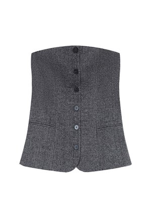 Top strapless grigio a spina di pesce con design aderente, cinque bottoni frontali e due tasche inserite sui lati.