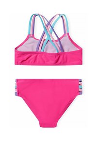 Set di bikini rosa composto da un crop top con spalline multicolori e slip abbinati con dettagli laterali in azzurro chiaro, rosa e viola.