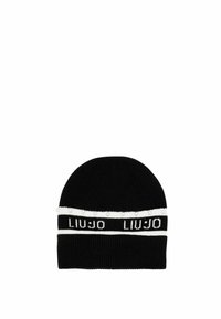 Berretto a maglia nero con una striscia bianca che presenta il testo "LIU JO" e perline decorative. Forma morbida e arrotondata per coprire la testa.