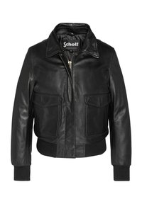 Schwarze Lederbomberjacke mit Kragen, Reißverschluss vorne, zwei Brusttaschen und gerippten Bündchen und Saum. Glatte Textur und klassisches Design.