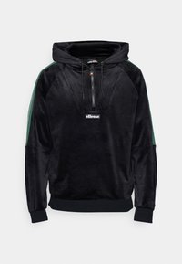 Felpa nera in velluto con zip a un quarto, dotata di strisce laterali verdi, tasca a marsupio e patch con logo sul petto.