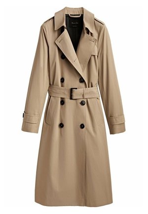 Beige dobbeltbrystet trenchcoat med bred krave, sorte knapper, bælte i taljen, skulderærmer og manchetremme.