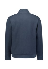 Navyblauwe katoenen jas met een gladde textuur, kraag en ribbelboorden. Heeft een schoon, minimalistisch ontwerp zonder zichtbare hardware.