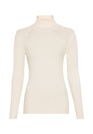Krémový žebrovaný pletený rolákový svetr s dlouhými rukávy a přiléhavým střihem.