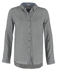 Camicia a quadri bianca e nera con chiusura a bottoni, colletto, maniche lunghe e orlo arrotondato. Realizzata in tessuto leggero con una consistenza morbida.