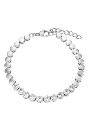 Pulsera de plata con eslabones redondos y hexagonales, alternando pulidos y engastados con cristales transparentes, asegurada con un cierre de langosta.