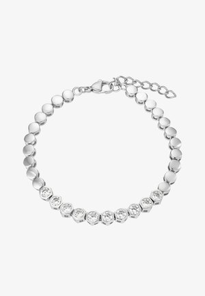 Sidabrinė apyrankė su apvaliais ir šešiakampiais saitais, pakaitomis poliruota ir dekoruota skaidriais kristalais, su užsegimu ant krabato.