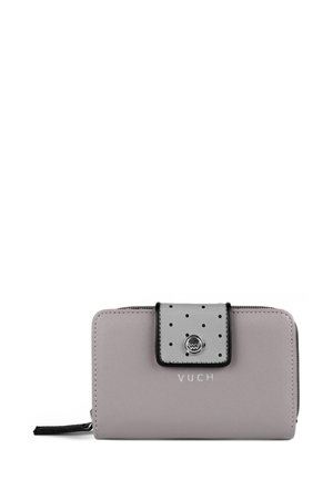 VUCH Geldbörse aus hellgrauem Material mit glatter Textur, ausgestattet mit einem schwarzen gepunkteten Deckel mit Druckknopfverschluss und einem Logodetail auf der Vorderseite.