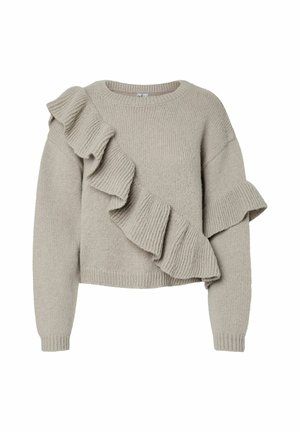 Ljusgrå stickad tröja med en volangdetalj på vänster sida. Har rund halsringning och ribbade muddar på de långa ärmarna.