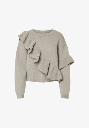 Ljusgrå stickad tröja med en volangdetalj på vänster sida. Har rund halsringning och ribbade muddar på de långa ärmarna.