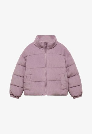 Giacca imbottita color lavanda con collo alto, cerniera frontale completa, trapuntatura orizzontale, tasche laterali e polsini elastici.
