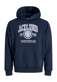 Sudadera con capucha de color azul marino, fabricada en un tejido suave, con una gran impresión gráfica blanca que muestra el nombre de la marca y la fecha de establecimiento en el frontal.