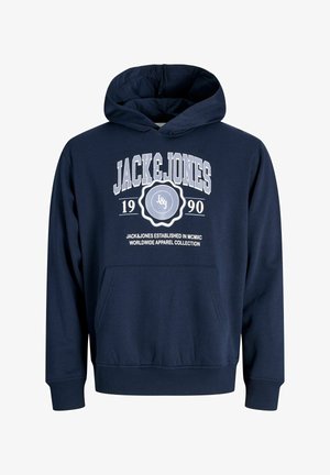 Marineblaues Kapuzensweatshirt aus weichem Stoff, mit einem großen weißen Grafikdruck auf der Vorderseite, der den Markennamen und das Gründungsdatum zeigt.