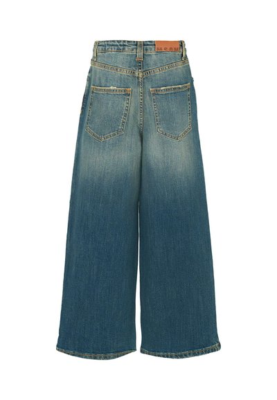 Lichte blauwe denim wide-leg jeans met een vervaagde afwerking, twee achterzakken en een leren label op de tailleband.