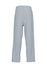 Pantalones de tela ribeteada en gris claro con un ajuste relajado, que presentan una cintura elástica y piernas anchas, sin bolsillos ni herrajes adicionales.
