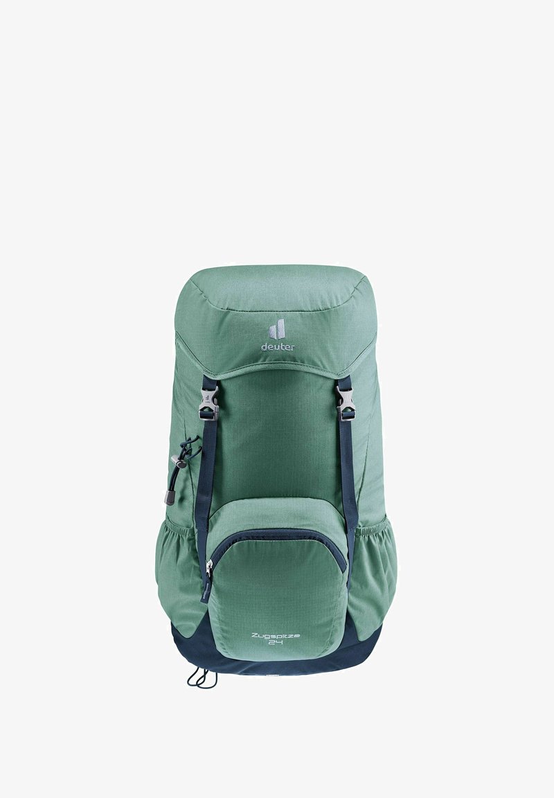 Grüner Stoffrucksack mit verstellbaren Trägern, einer großen oberen Tasche, einer Vorderseite mit Reißverschluss und elastischen Seitentaschen. Mit Markenlogo.