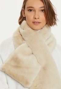 Sciarpa in pelliccia sintetica beige con una consistenza morbida e pelosa, caratterizzata da un design liscio e una leggera lucentezza. Include un semplice dettaglio in metallo.