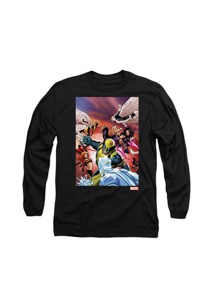 Gruppe von Marvel-Superhelden in Aktion, darunter Wolverine, Angel und andere, vor einem dramatischen, wolkigen Hintergrund auf einem schwarzen Langarmshirt.