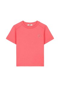 T-shirt court à manches courtes couleur corail, fabriqué en coton. Il présente un col rond et un petit logo en relief sur la poitrine. Coupe classique.