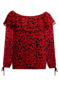 Blouse rouge à épaules dénudées avec un col à volants, manches longues transparentes et motif abstrait noir. Dotée de poignets élastiques et de liens ajustables.